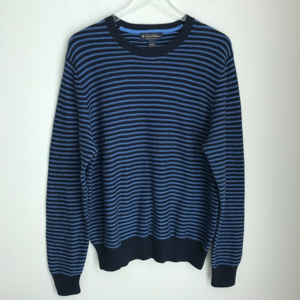 Brooks Brothers Men's Size L Striped Crewneck Cotton Sweater Long Sleeve Blue